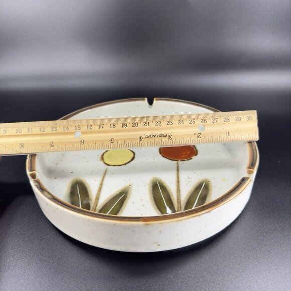 Vintage Japanese Pottery Round Speckled Ashtray Dish Bowl Abstract Flowers Vtg - Picture 4 of 15